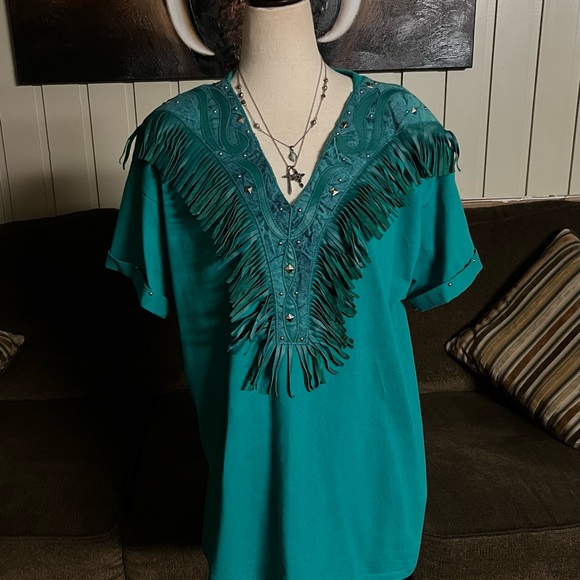 Rare XPeriance Ine Suze Turquoise Western Shirt W/Fringe & Studs - Picture 3 of 16